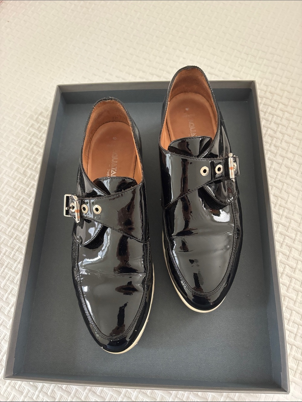 Aquatalia Black Patent Leather Buckle Flats